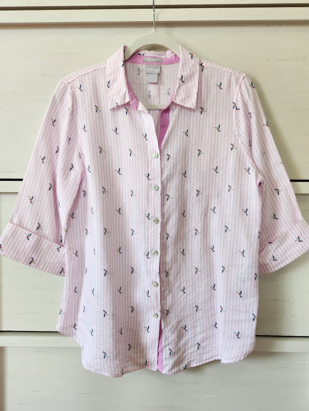 Chico's 100% Linen Pink White Stripe Hummingbird Button Up Shirt Size 0 (US 4)